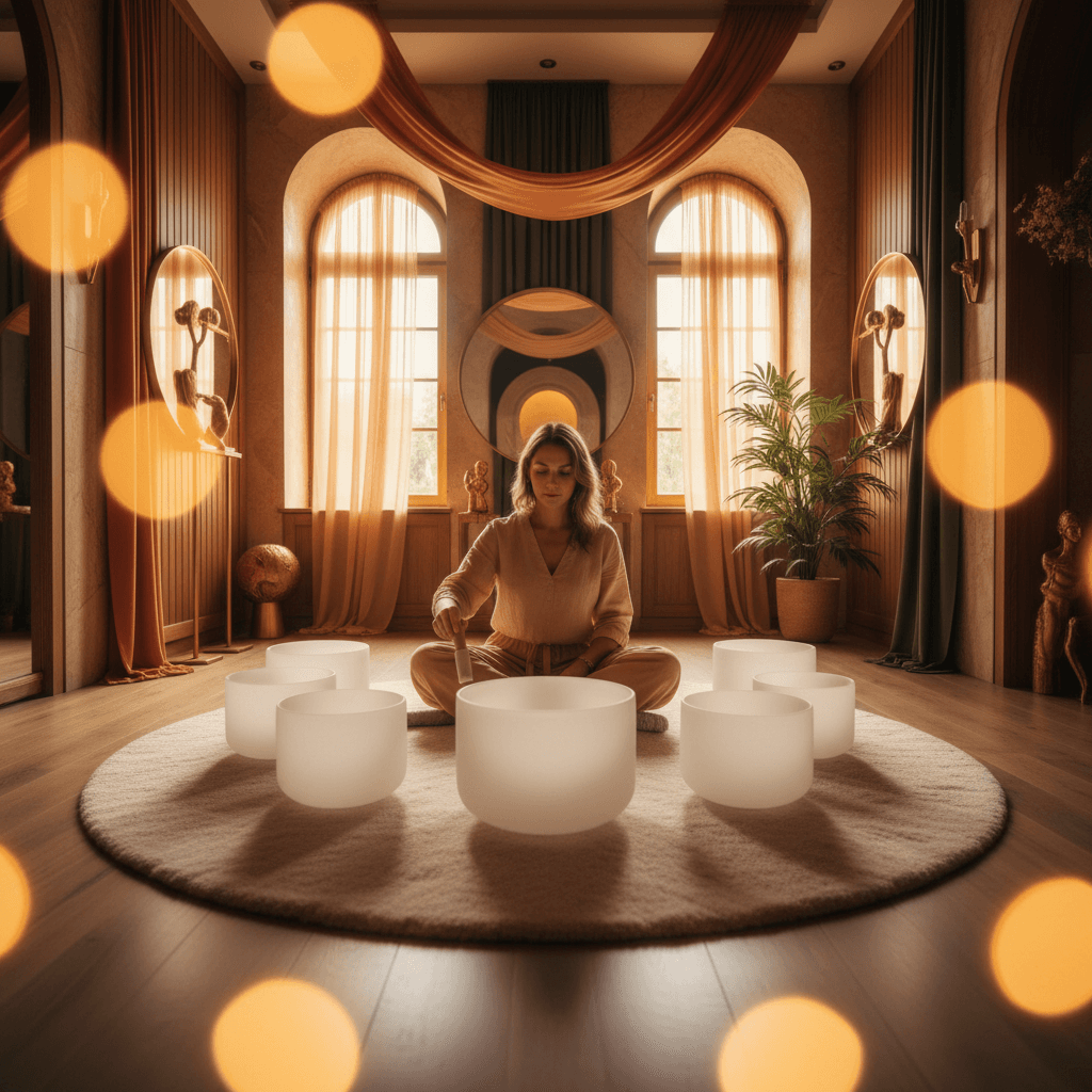 Hochwertiges Mikrofon nimmt die feinen Schwingungen einer Klangschale auf, um die therapeutischen Frequenzen für Soul Art in Dubai festzuhalten. Gründerin Larissa Steinbach setzt auf präzise Aufnahmetechnik.