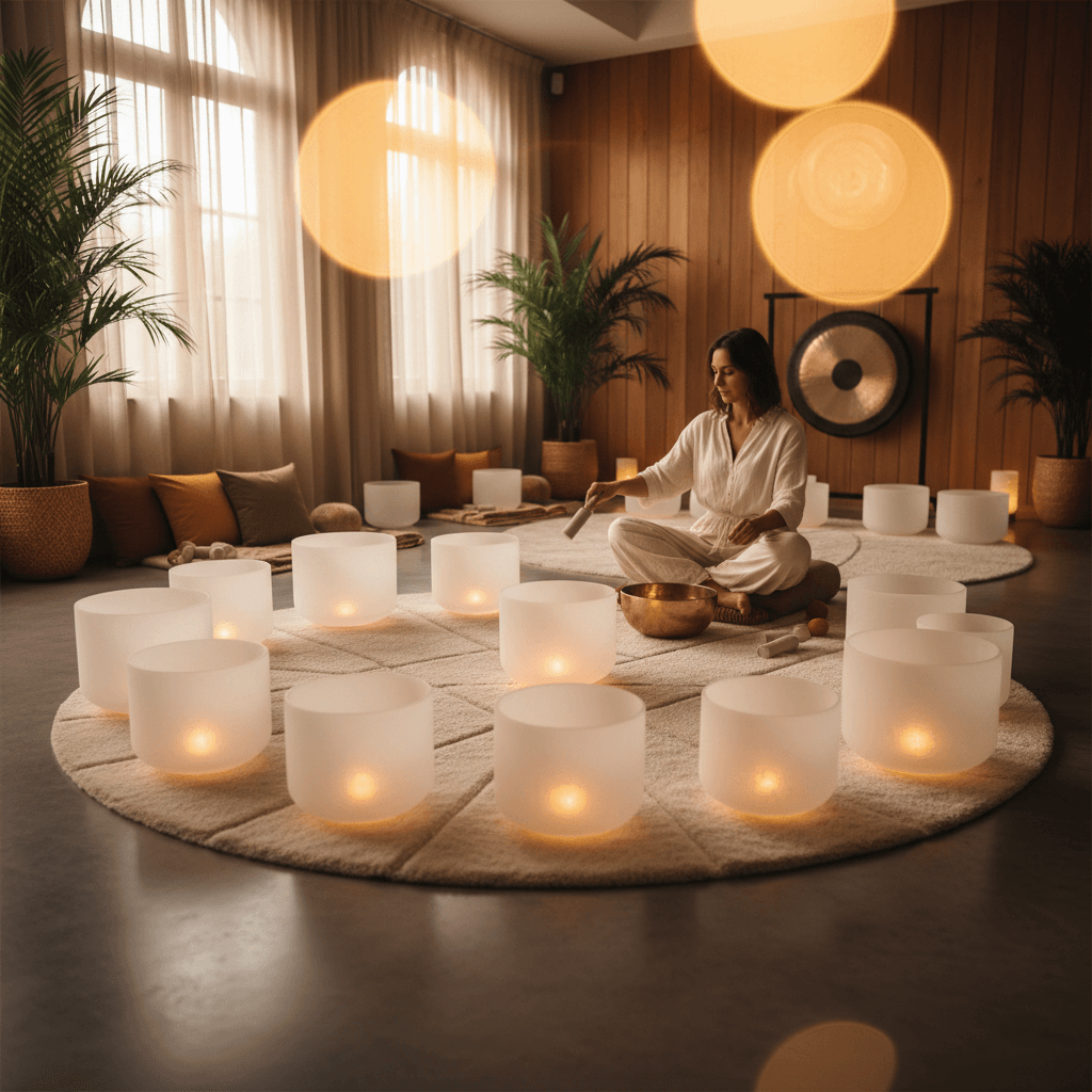 A person experiencing the combined benefits of Red Light Therapy and sound wellness at Soul Art Dubai, founded by Larissa Steinbach, in a serene, blue-lit environment.