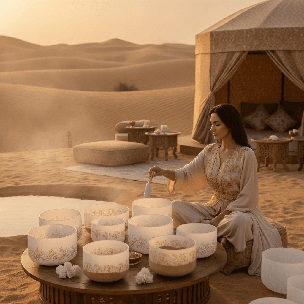 Larissa Steinbach von Soul Art, umgeben von Klangschalen, repräsentiert die regionale Klanginspiration für tiefes Wohlbefinden in Dubai.