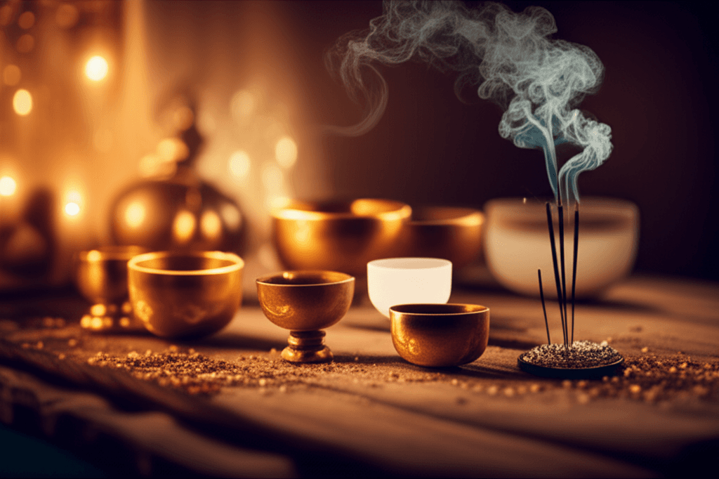 A tranquil scene depicting glowing hands over a person, with sound bowls nearby, representing the combined energy work of Reiki and sound healing at Soul Art by Larissa Steinbach.