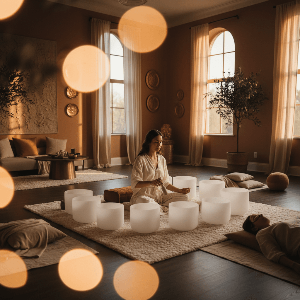 A serene couple experiencing a sound bath at Soul Art Dubai with Larissa Steinbach, surrounded by glowing crystal singing bowls, representing sound for intimacy and relationship recovery.