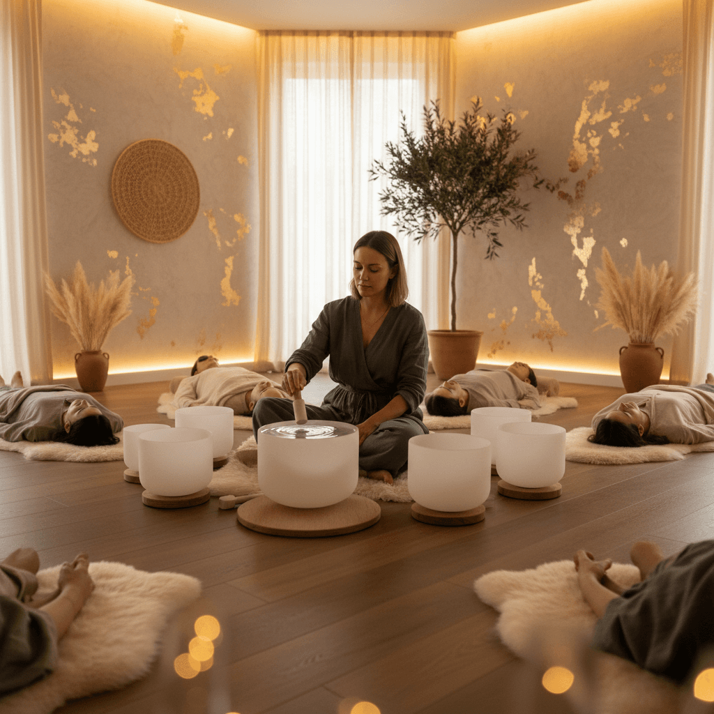 A person's hands gently playing a shimmering singing bowl, evoking serenity and connection, with Soul Art branding and Larissa Steinbach's holistic approach to sound wellness in Dubai.