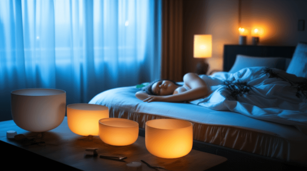 Eine friedliche Szene, die tiefen Schlaf symbolisiert, mit sanften Lichtwellen, die die ruhige Atmosphäre umgeben.