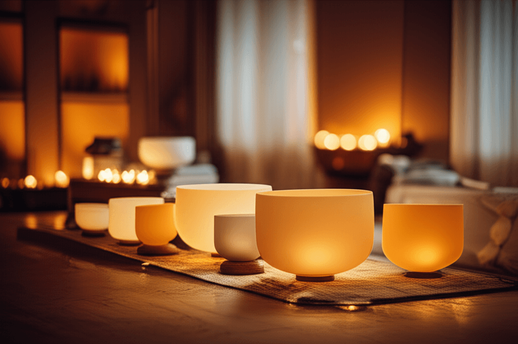 A remote worker in a serene home office, engaged in a sound healing session with headphones, embodying the principles of Soul Art wellness guided by Larissa Steinbach, surrounded by crystal bowls and gentle light.