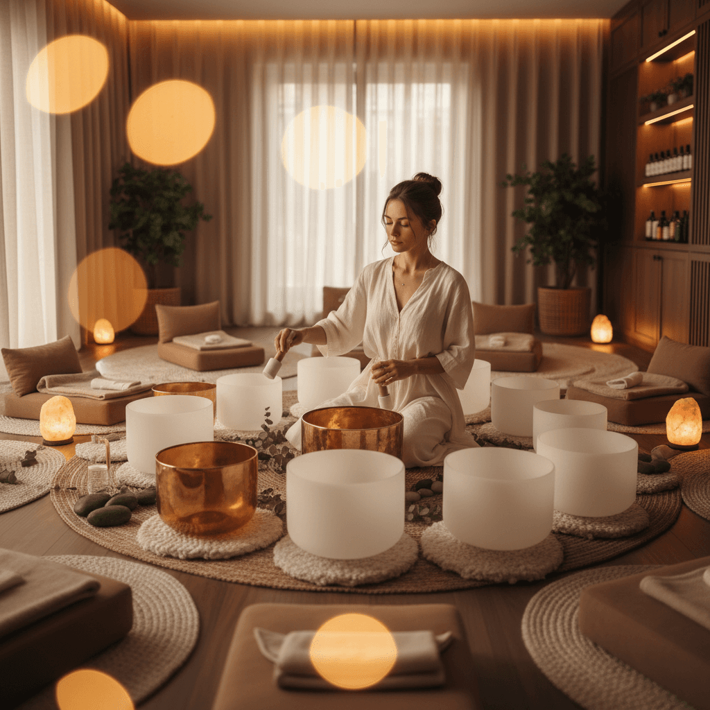 Eine Person praktiziert achtsames Atmen in einem ruhigen Raum, umgeben von sanften Klängen, ein Symbol für die entspannenden Klang-Wellness-Sitzungen bei Soul Art Dubai, gegründet von Larissa Steinbach.