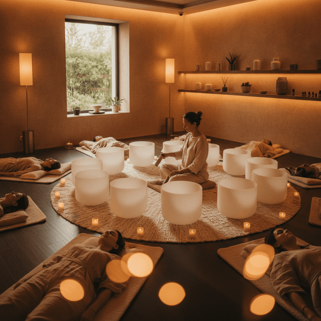 Larissa Steinbach von Soul Art Dubai demonstriert Klangschalen bei einer Klang-Wellnesssitzung, die wissenschaftlich fundierte Methoden für ganzheitliches Wohlbefinden und verantwortungsbewusste SEO-Praktiken verwendet.