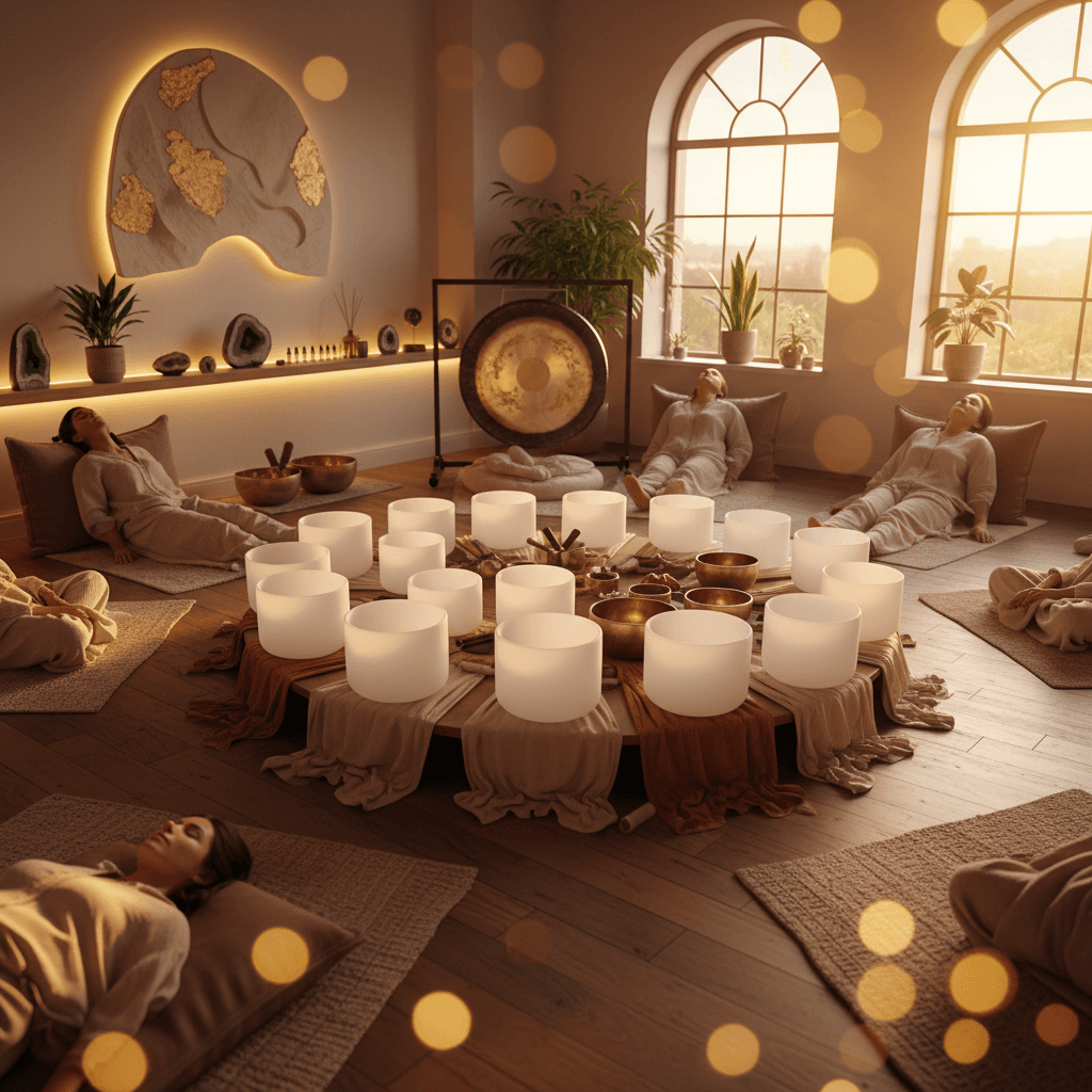 Eine entspannte Servicekraft genießt eine Klang-Wellness-Sitzung, die von Larissa Steinbach bei Soul Art in Dubai geleitet wird, um Stress abzubauen und das Wohlbefinden zu fördern.