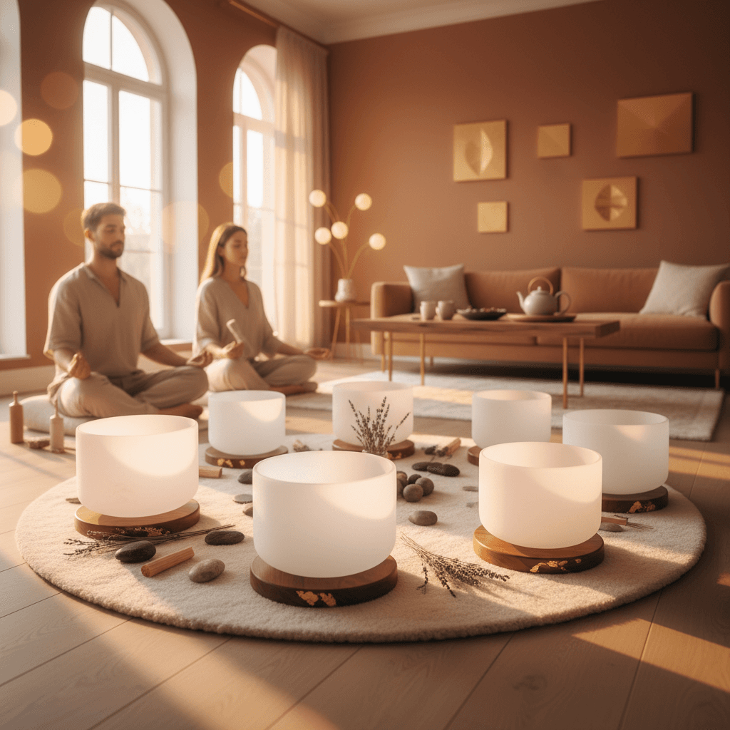 Larissa Steinbach from Soul Art guiding a couple in a serene sound bath session, surrounded by crystal singing bowls, symbolizing harmony and connection during retirement. A soft glow illuminates the tranquil space.