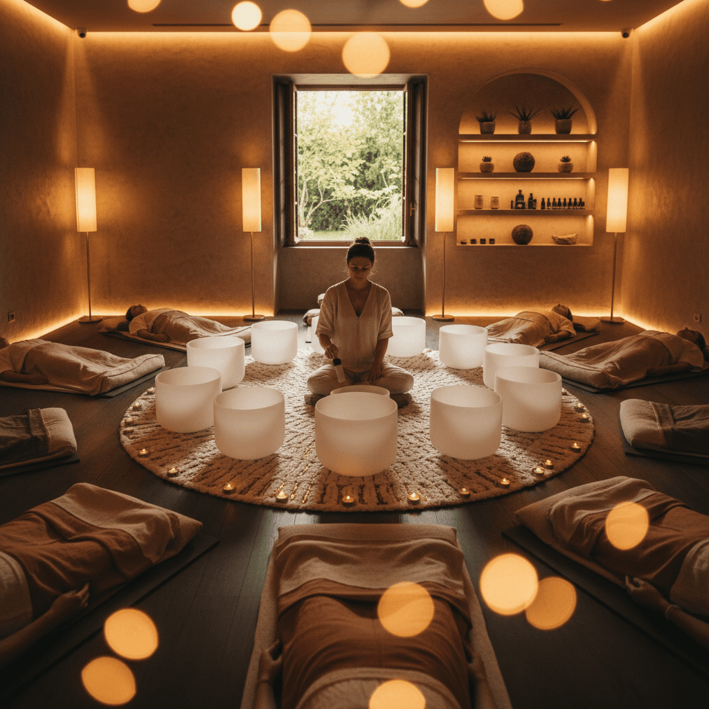 A couple experiencing a Reunion Sound session at Soul Art Dubai, with founder Larissa Steinbach using crystal bowls to facilitate deep connection and harmony.
