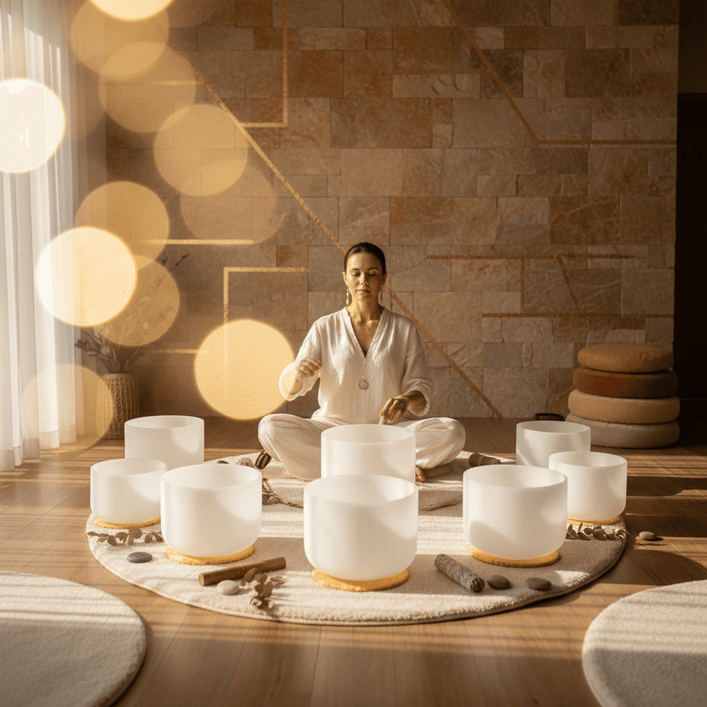 Ein Paar entspannt auf Yogamatten, umgeben von Klangschalen und sanftem Licht. Soul Art Dubai, Larissa Steinbach.
