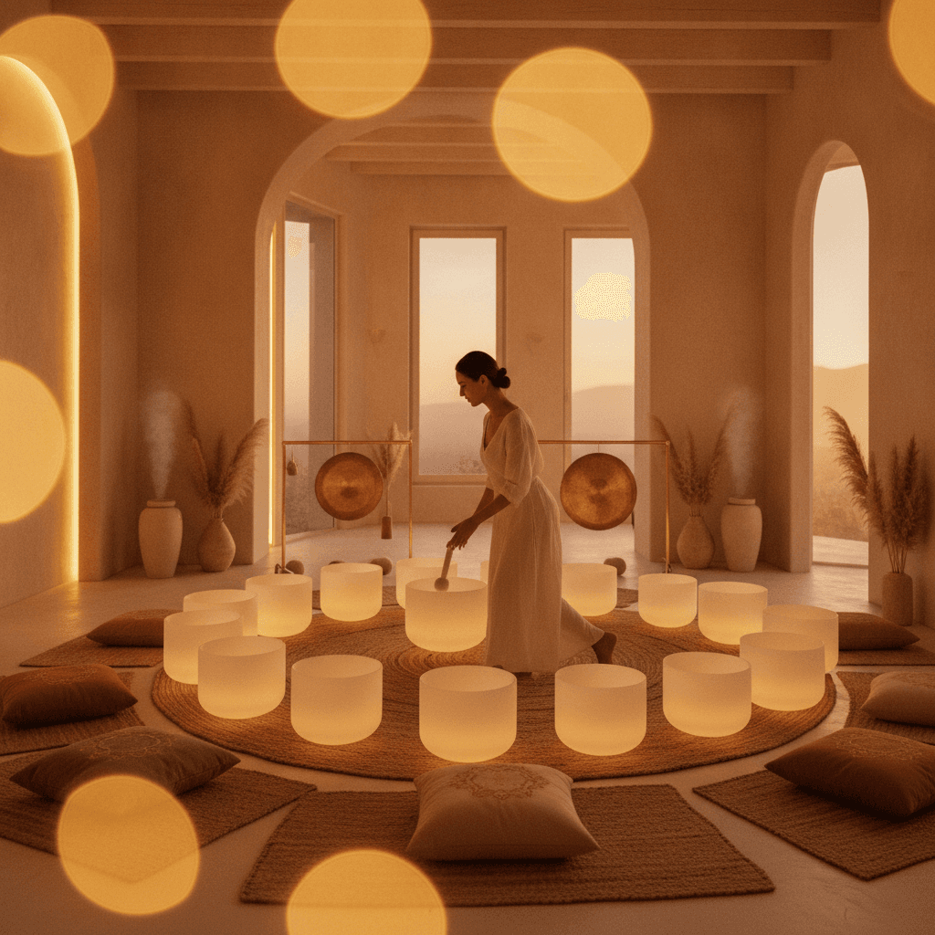A serene, acoustically optimized sound wellness studio at Soul Art Dubai, enhancing the vibroacoustic experience, envisioned by Larissa Steinbach.