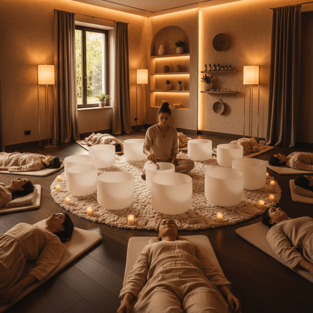 Eine Frau in tiefer Meditation, umgeben von sanftem Licht und Klangschalen, symbolisiert emotionale Heilung und Frieden bei Soul Art mit Larissa Steinbach.