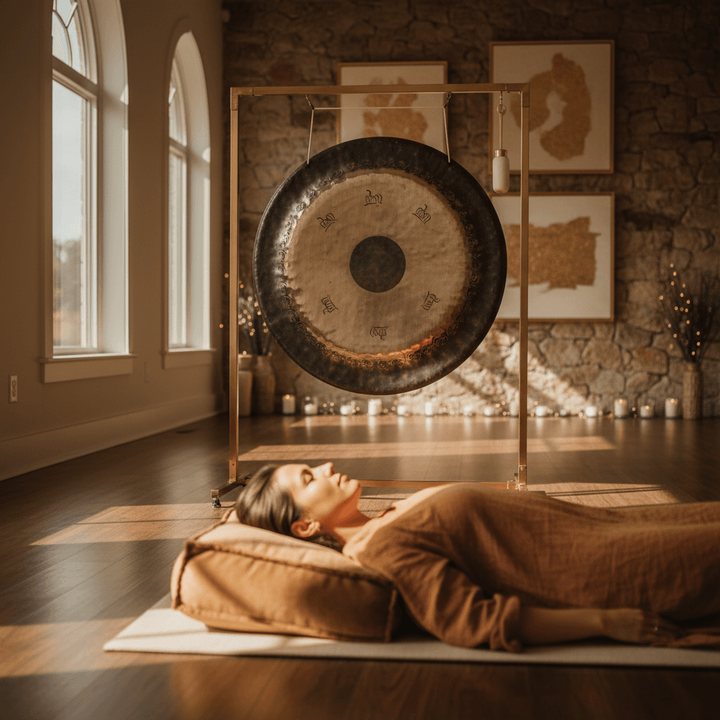 A beautifully arranged sound bath at Soul Art Dubai, showcasing large gongs and crystal bowls with ample space between them, reflecting Larissa Steinbach's commitment to safety and comfort.