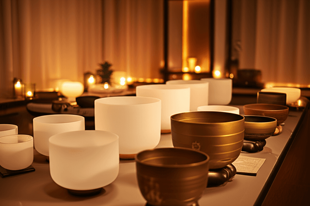 Eine Person entspannt sich in einer Klangschalen-Sitzung, umgeben von sanftem Licht, was die beruhigende Atmosphäre von Soul Art in Dubai verdeutlicht. Larissa Steinbachs Expertise garantiert eine achtsame Wellness-Erfahrung innerhalb klar definierter Grenzen.