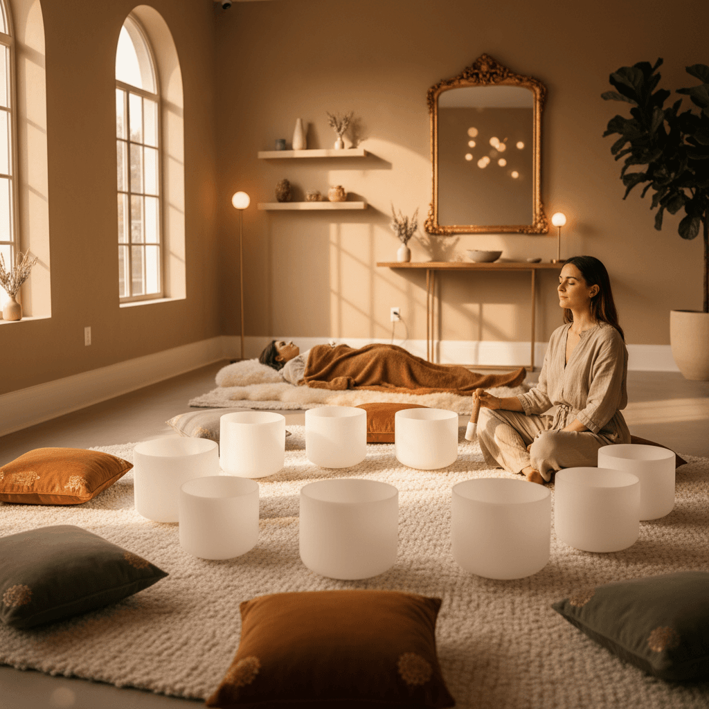 Eine Person entspannt sich während einer Klang-Wellness-Sitzung in einem eleganten Studio. Sanftes Licht fällt auf Klangschalen. Das Bild vermittelt Ruhe und Erholung von der Bildschirm-Erschöpfung und repräsentiert die Erfahrung bei Soul Art unter der Leitung von Larissa Steinbach.