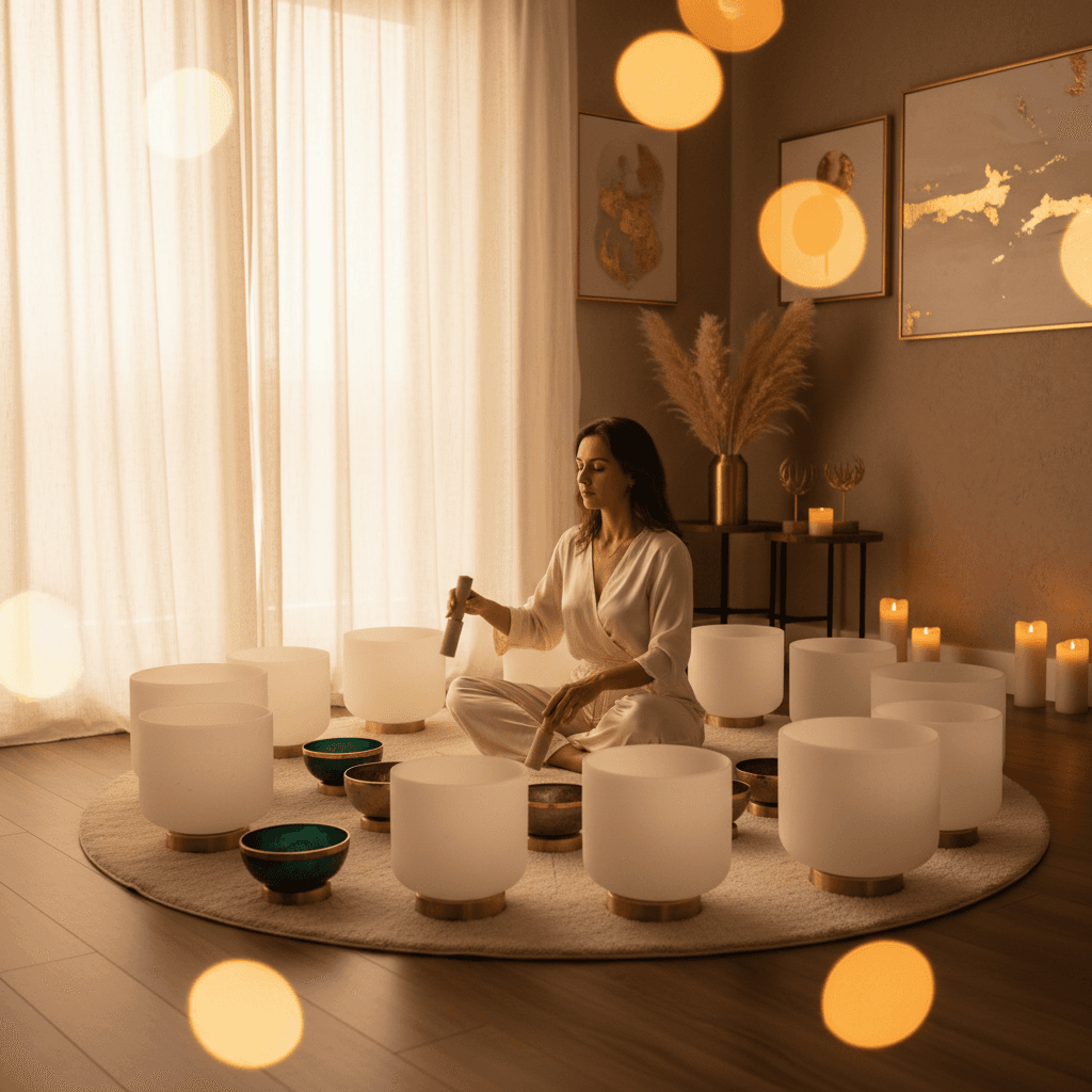 A person meditating in an ethereal, blue-lit space, surrounded by abstract, flowing soundwave sculptures, embodying the unique Soul Art and Larissa Steinbach immersive sound wellness experience.