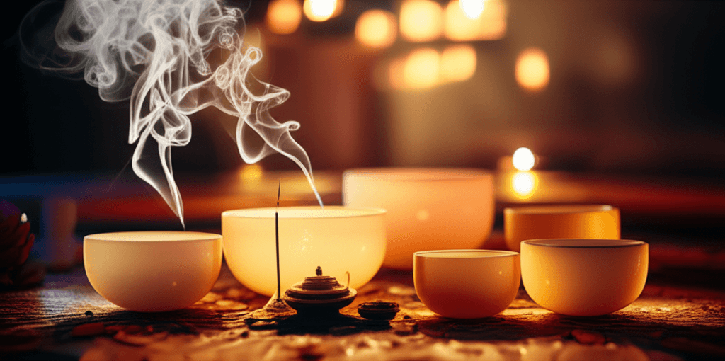Eine Reihe von Kristallklangschalen, die für saisonales Sound Healing nach Ayurveda bei Soul Art in Dubai mit Larissa Steinbach verwendet werden, um die Doshas auszugleichen.