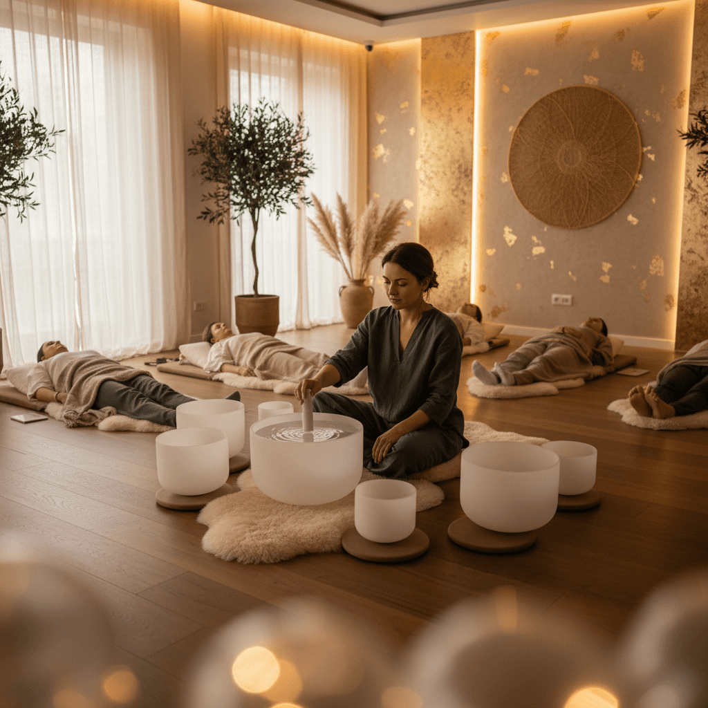 Eine ruhige Szene, die die Verbindung von Naturklängen und menschlichem Wohlbefinden symbolisiert. Im Vordergrund eine Klangschale, im Hintergrund eine dezente Darstellung der Wüste Dubais und des klaren Himmels, umgeben von Elementen, die Frieden und Harmonie ausstrahlen, mit dem Logo von Soul A...