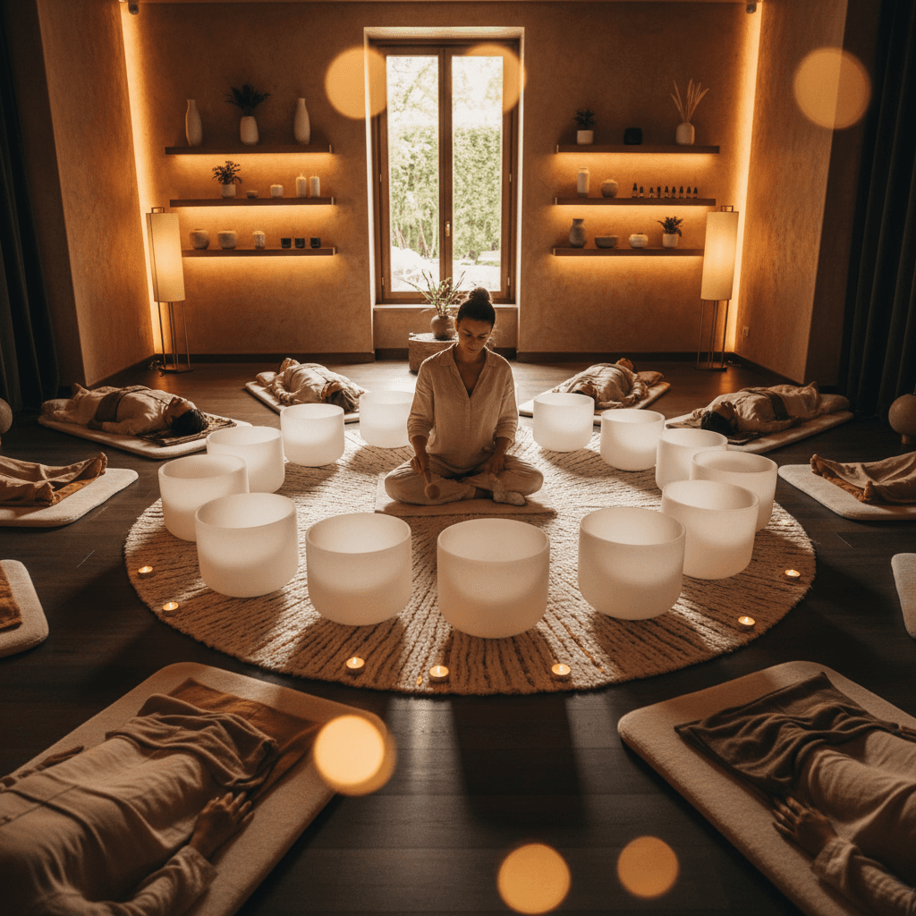 A vibrant abstract artwork depicting the four seasons through colors and flowing lines, symbolizing the harmony between seasonal sounds and well-being at Soul Art, founded by Larissa Steinbach.