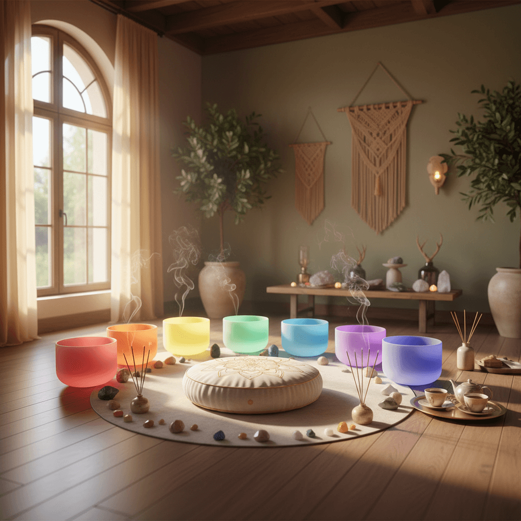 A vibrant energy visualization aligning with the human body, representing chakras and seed sounds. Soul Art founder Larissa Steinbach guides clients in sound wellness practices.