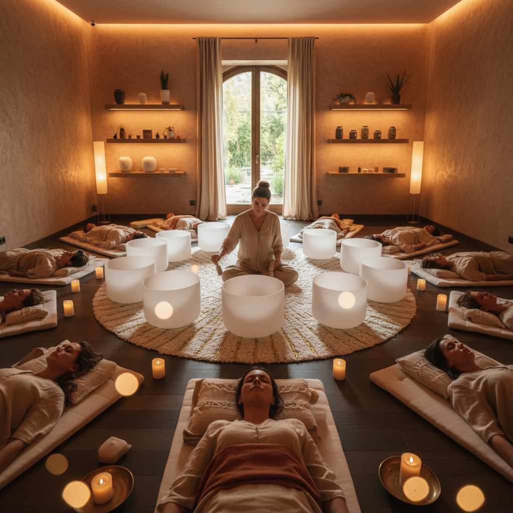 Larissa Steinbach guiding a transformative sound journey at Soul Art, featuring crystal bowls and gongs, promoting self-acceptance and deep relaxation and emotional release.