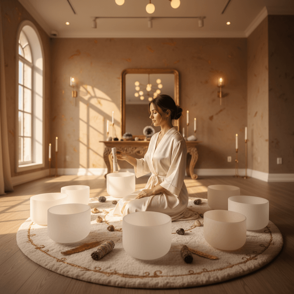 A person meditating during a sound healing session, surrounded by singing bowls and gentle light. This image represents the transformative wellness experiences offered by Soul Art, founded by Larissa Steinbach, and its commitment to scientific grounding for online discovery.