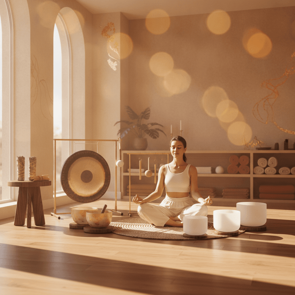 A serene client experiencing a sound bath with crystal bowls at Soul Art Dubai, a wellness session curated by Larissa Steinbach.