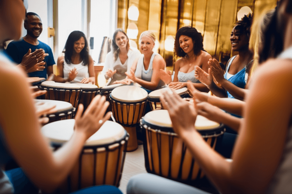 Larissa Steinbach of Soul Art Dubai leading a shamanic drumming session with participants in a serene, modern wellness studio, illustrating a guided journey to other realms for holistic well-being.