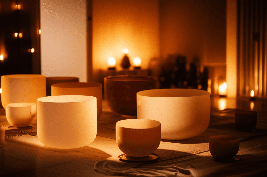 A serene image of crystal singing bowls glowing with soft light in a tranquil sound healing studio, representing the transformative power of sound wellness at Soul Art Dubai, founded by Larissa Steinbach, for cultivating self-compassion and healing shame.