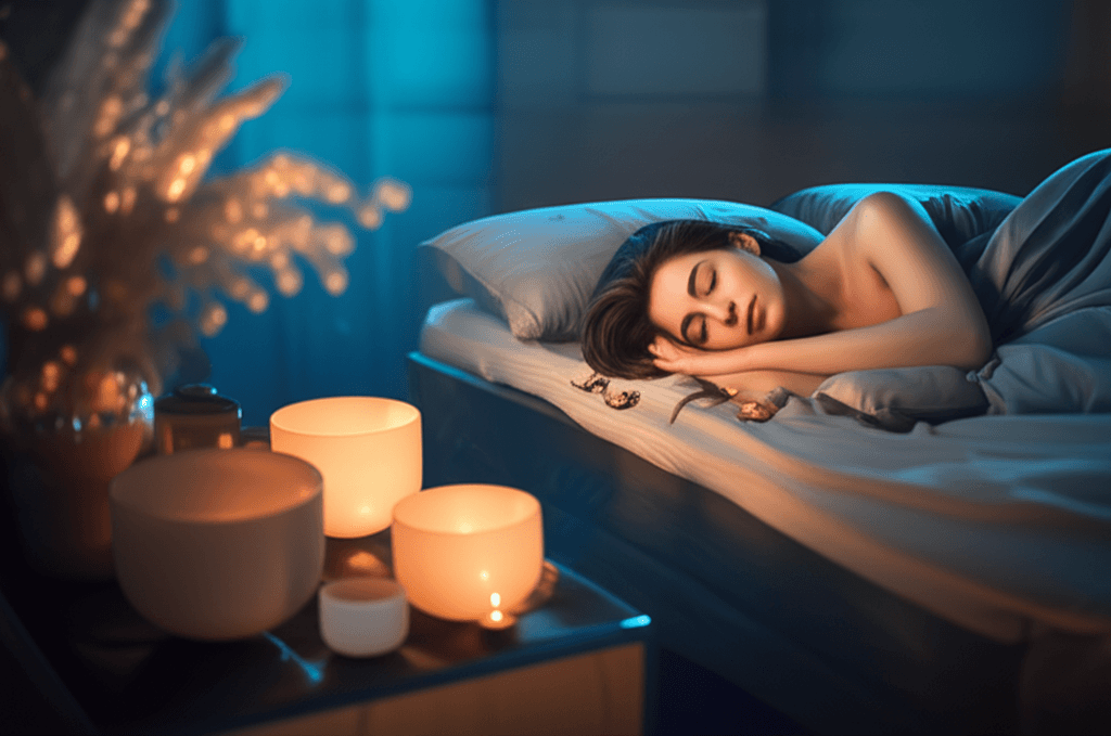 A tranquil sound bath setup with singing bowls and gongs in a dimly lit studio, symbolizing the calming solutions offered by Soul Art and Larissa Steinbach for shift work sleep disorder.