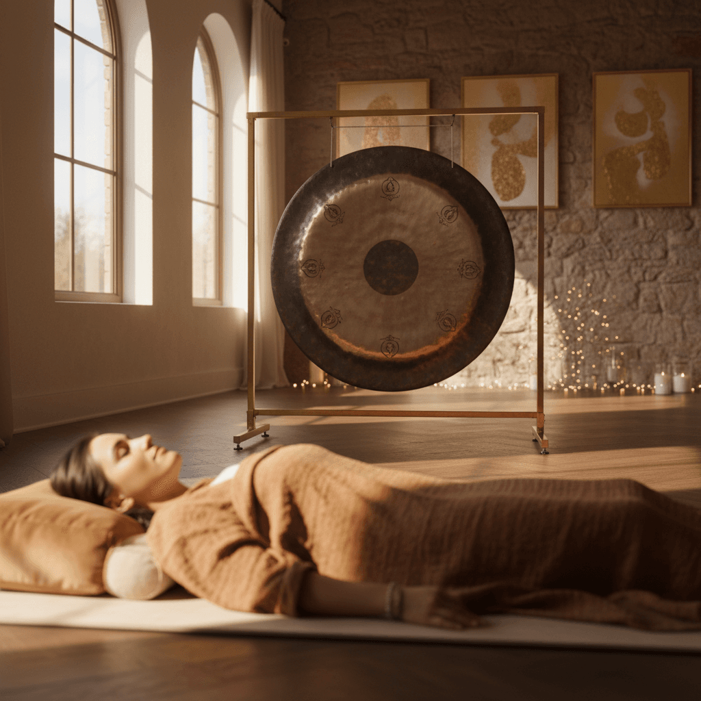 Larissa Steinbach leading a Shinrin-Yoku and sound enhanced forest bathing session at Soul Art, featuring natural elements and vibrational healing instruments.