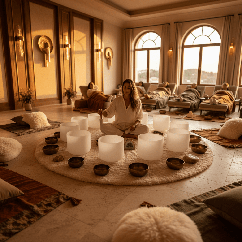 Eine ruhige Klang-Wellness-Session mit Klangschalen bei Soul Art Dubai, geleitet von Larissa Steinbach, die tiefe Entspannung symbolisiert.
