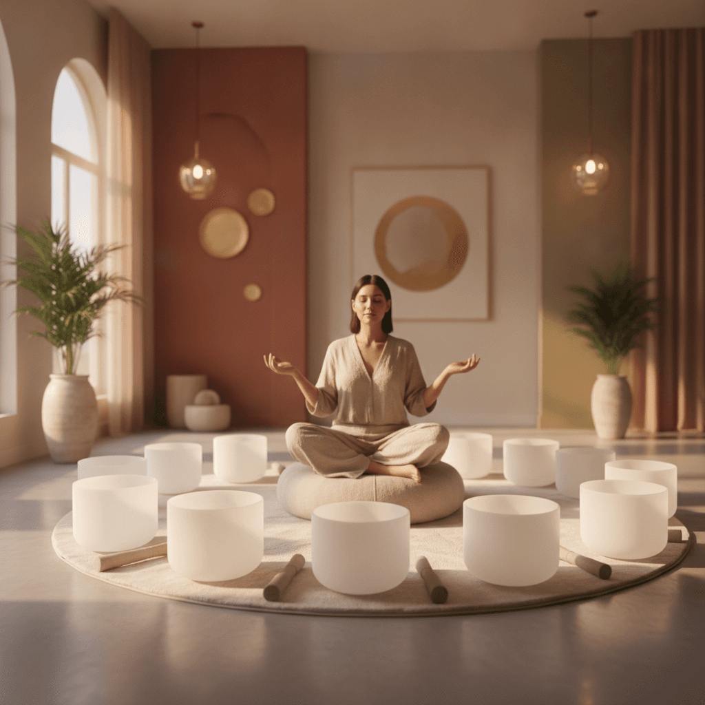 A tranquil scene in a sound wellness studio, with singing bowls and soft lighting, representing the peaceful environment at Soul Art by Larissa Steinbach, promoting deep relaxation and stress relief.
