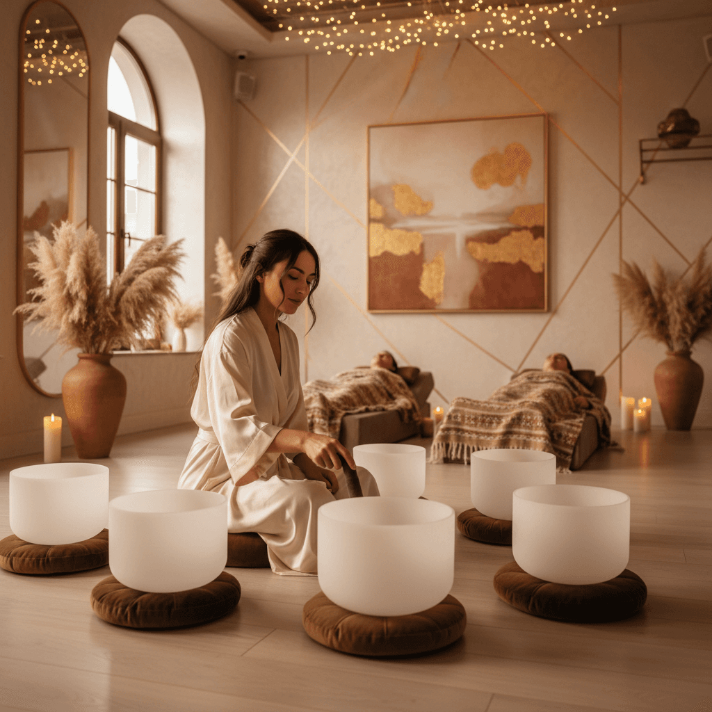 Larissa Steinbach at Soul Art Dubai, meditating amidst glowing sound bowls, representing the dance of silence and sound in holistic wellness and deep relaxation.