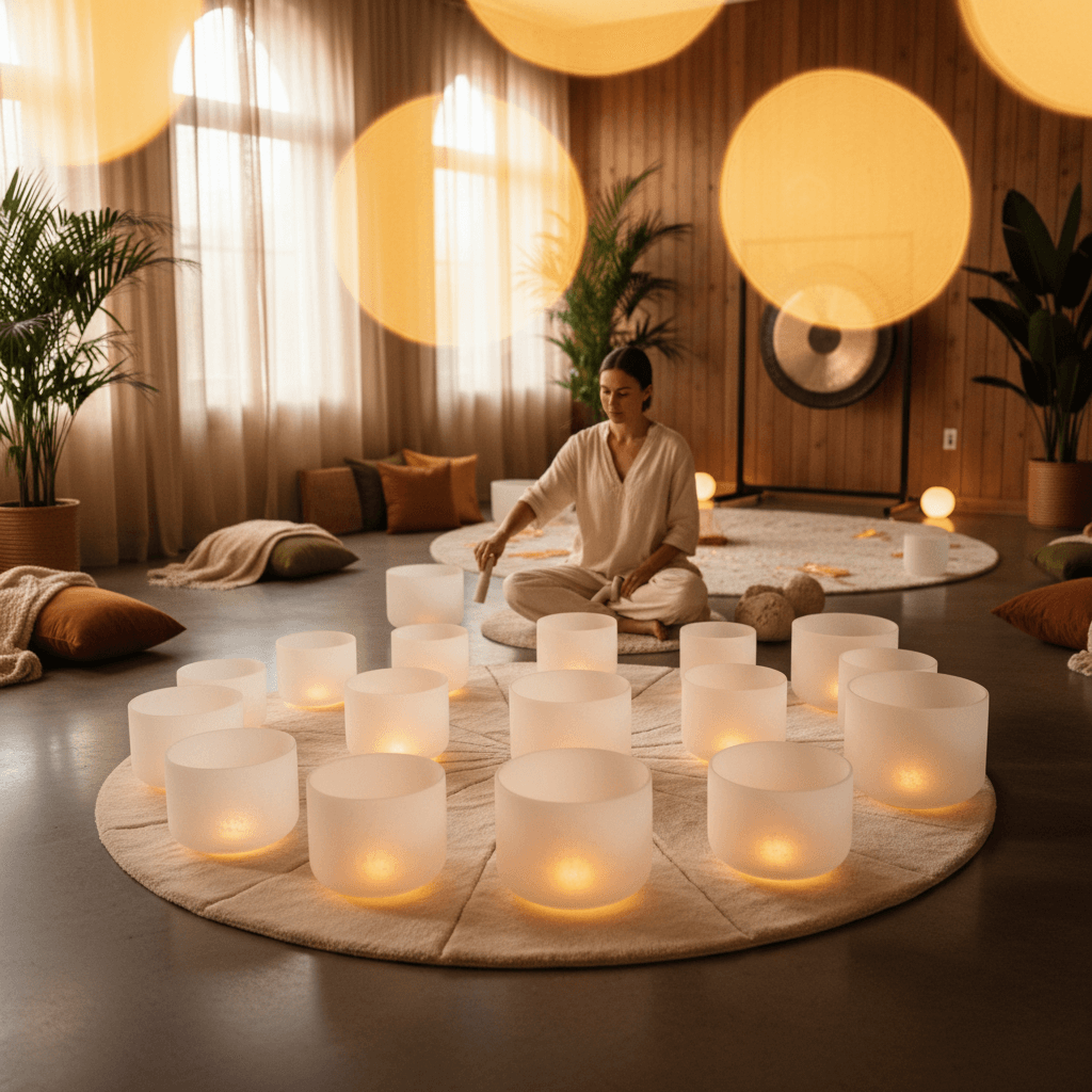 Larissa Steinbach leading a sound wellness session at Soul Art, focusing on the mindful practice of silent and spoken mantra meditation, promoting relaxation and well-being.