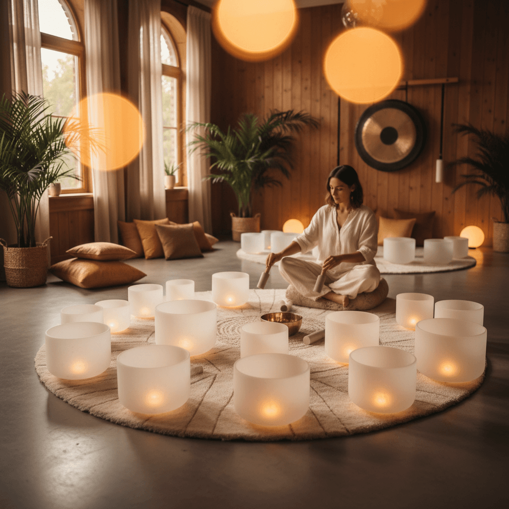 Larissa Steinbach of Soul Art Dubai demonstrating optimal singing bowl placement for deep relaxation and holistic well-being in a serene studio setting, enhancing the sound healing experience.