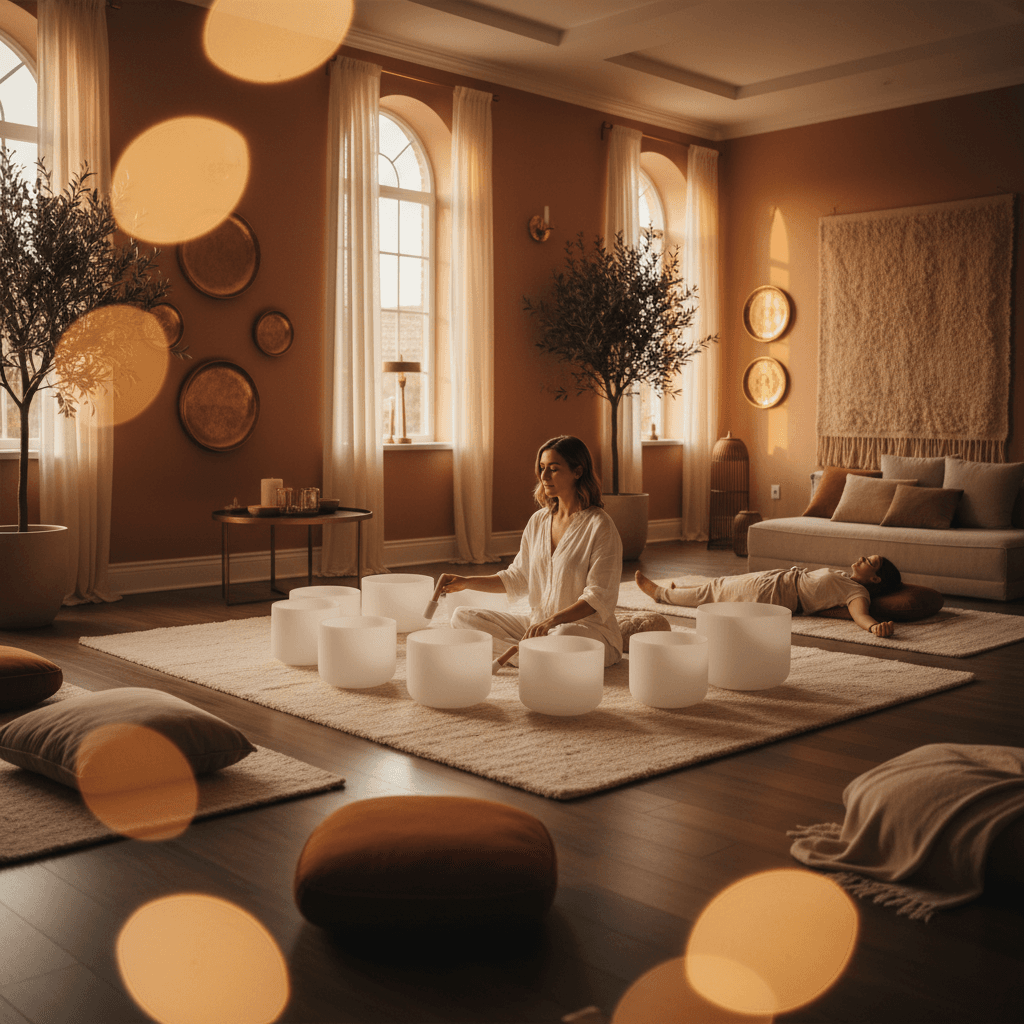 Eine Klangschale wird sanft angeschlagen, symbolisiert den Beginn einer Sound Healing Session bei Soul Art, geleitet von Larissa Steinbach, für tiefe Entspannung und Wohlbefinden.