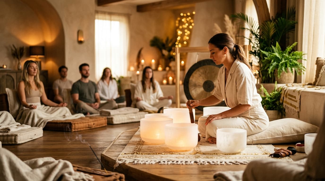 A person's hands gently playing a shimmering Himalayan singing bowl, with soft, ambient lighting in the background, embodying the tranquil experience offered by Soul Art and its founder Larissa Steinbach, perfect for home practice beginners.