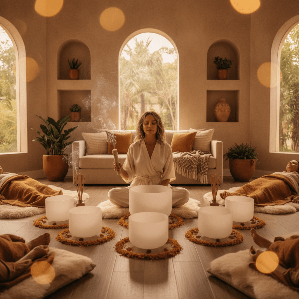 Larissa Steinbach von Soul Art Dubai demonstriert den Einsatz von Klangschalen in einem luxuriösen Sound-Wellness-Studio, um die einzigartigen Schwingungen für Entspannung und Wohlbefinden zu optimieren.