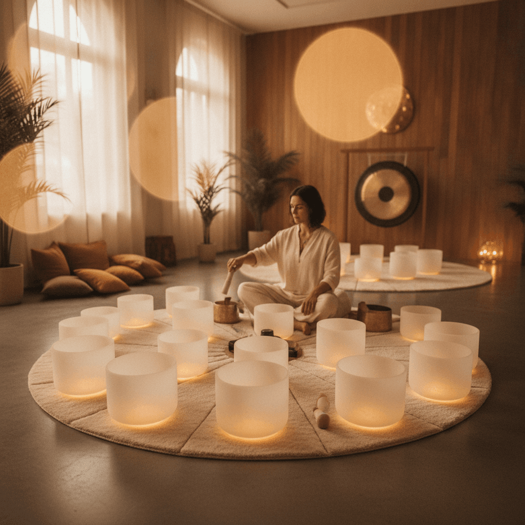 Larissa Steinbach bei einer luxuriösen Klangschalen-Session bei Soul Art Dubai, mit Kristallklangschalen und stimmungsvoller Beleuchtung für ein einzigartiges Wellness-Erlebnis.