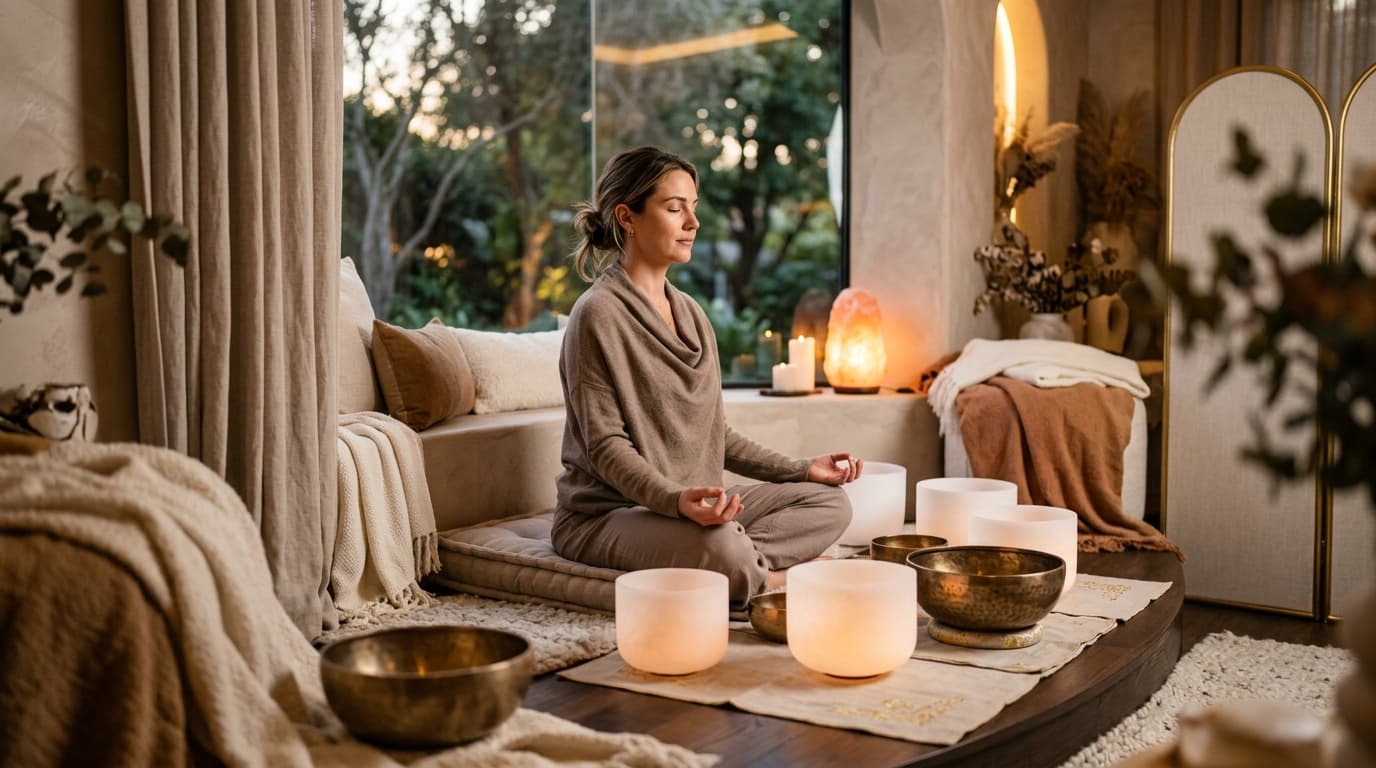 Larissa Steinbach of Soul Art Dubai guiding a sound wellness session, focusing on sirtuins and stress resilience for longevity, surrounded by calming instruments.