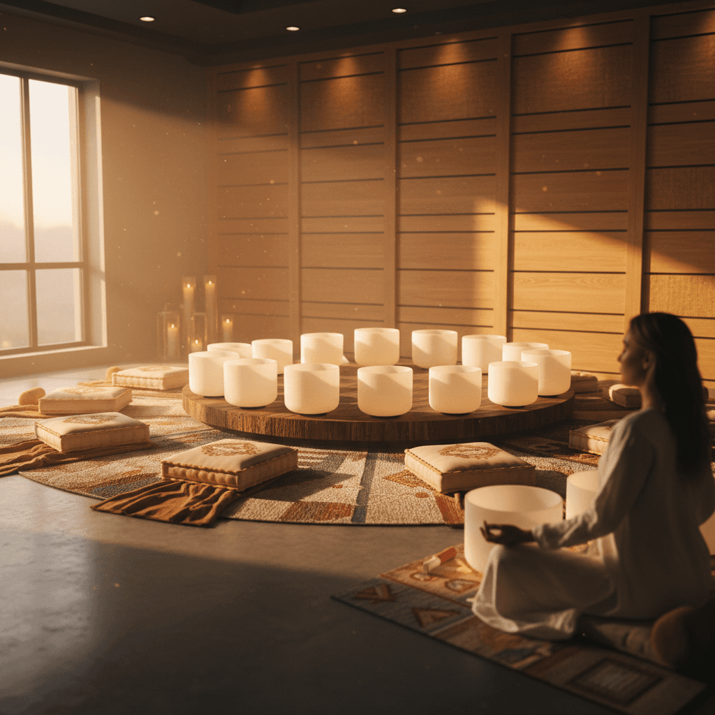 A diverse group of women connecting during a sound wellness session, bathed in warm light, symbolizing female empowerment and support at Soul Art Dubai, led by Larissa Steinbach.