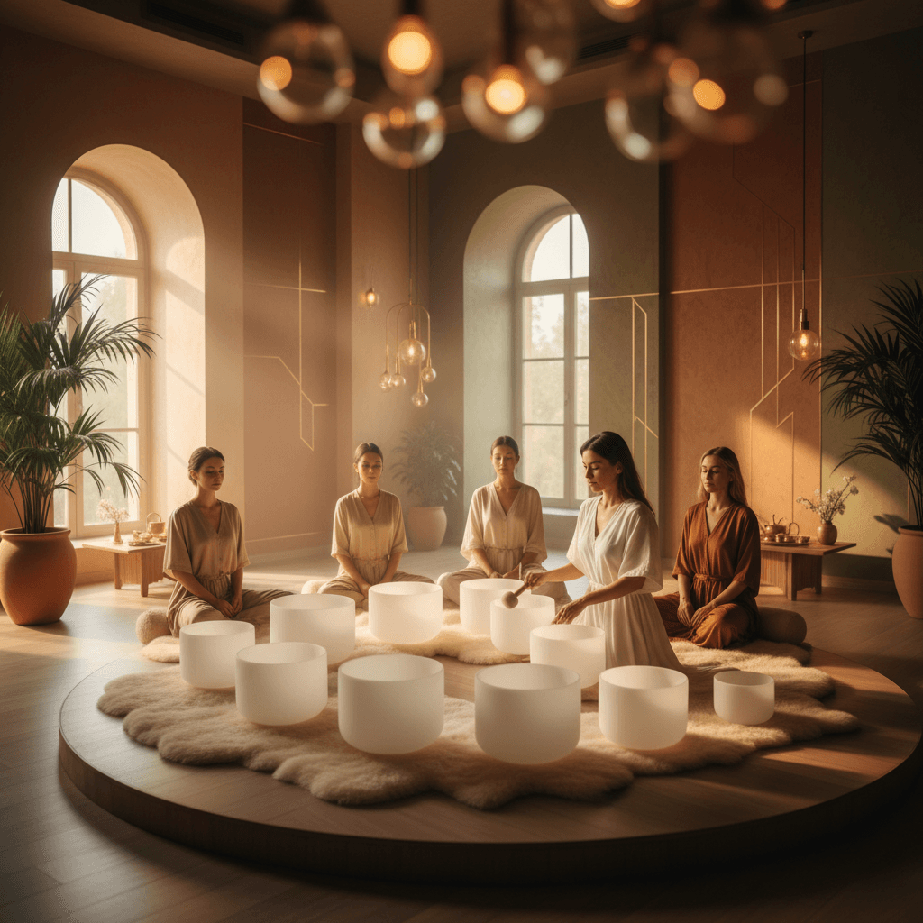 Larissa Steinbach from Soul Art Dubai leading a sound wellness session with an ancient Egyptian sistrum-inspired instrument, creating resonant frequencies for holistic wellbeing.