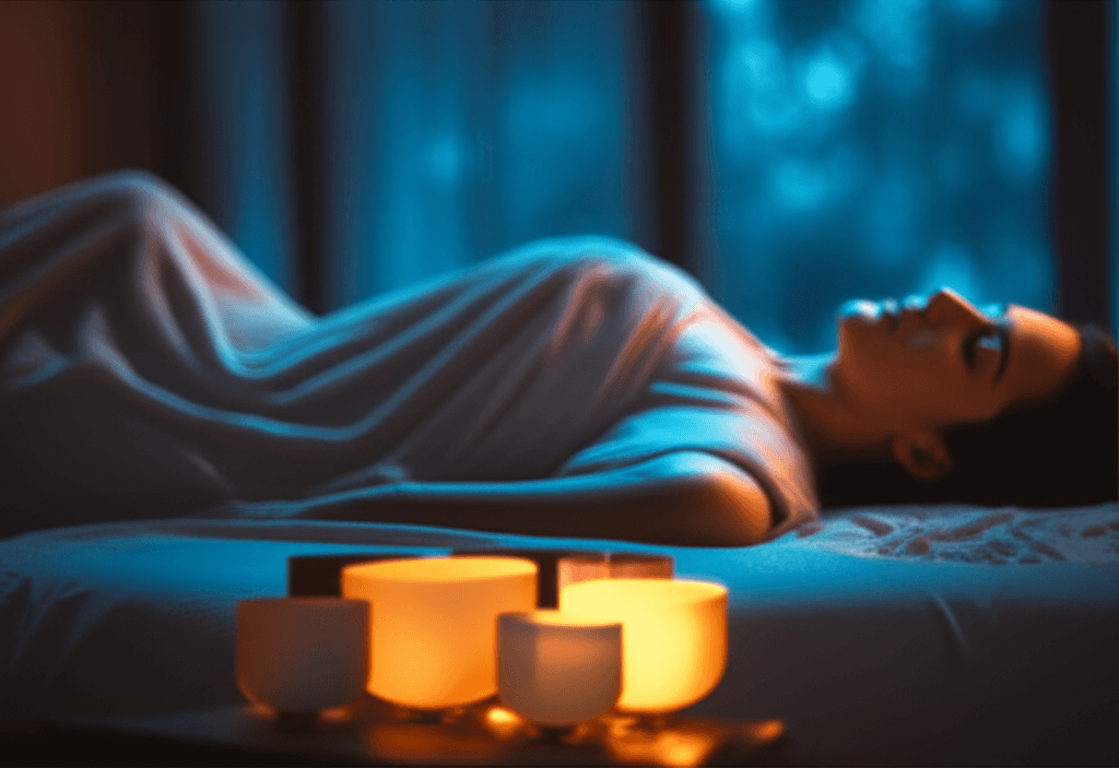 A tranquil image of a person relaxing during a sound wellness session, symbolizing deep rest and peace. Featuring Soul Art's unique approach under the guidance of Larissa Steinbach, enhancing sleep quality.