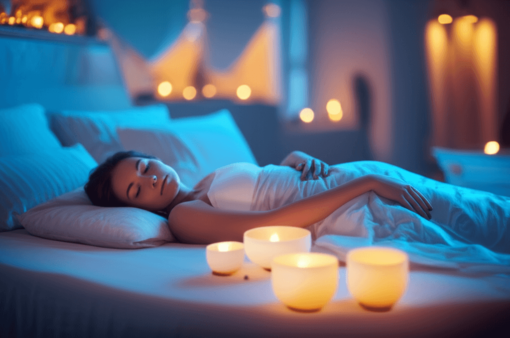 Eine erschöpfte junge Mutter, die sich ausruht, im Hintergrund subtile Klangwellen; Symbolisiert Regeneration und Wohlbefinden bei Soul Art mit Larissa Steinbach.