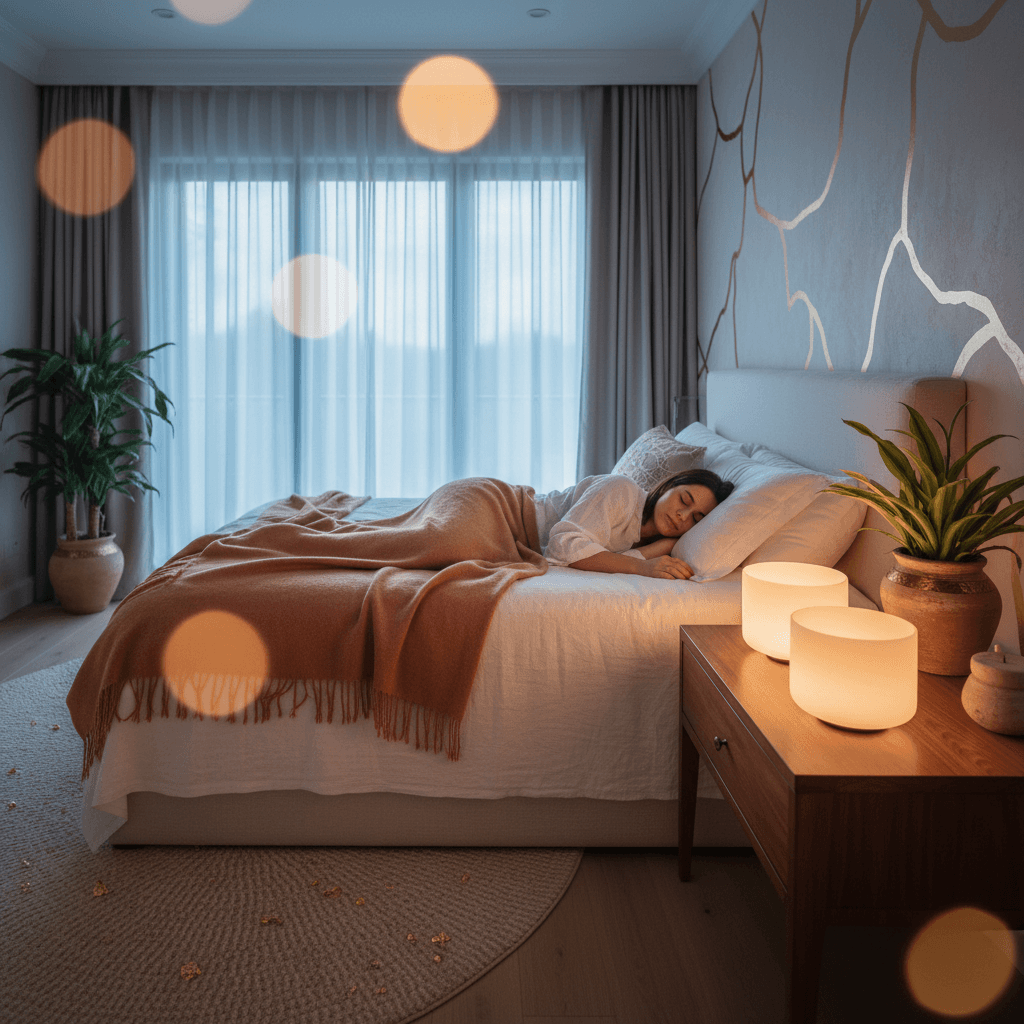 Larissa Steinbach von Soul Art, Dubai, bietet Klang-Wellness für tiefe Entspannung im Hospiz. Eine friedliche Szene, die Klang für Trost und Schlaf am Lebensende darstellt und Ruhe ausstrahlt.