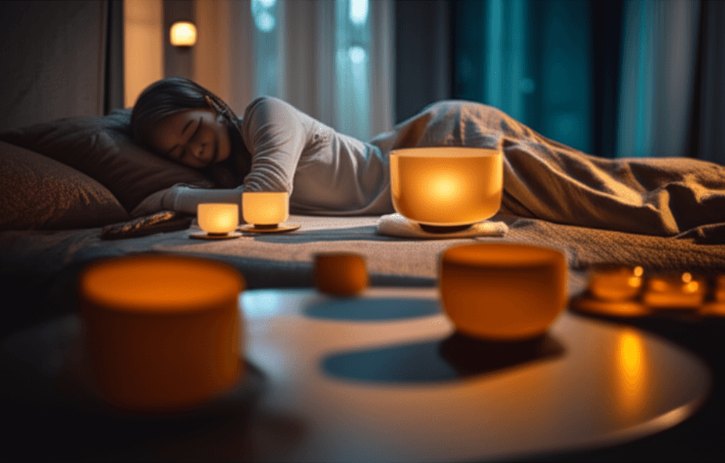A person meditating in a serene, luxurious sound wellness studio with sound bowls, illustrating deep relaxation and recovery facilitated by Soul Art Dubai and Larissa Steinbach.