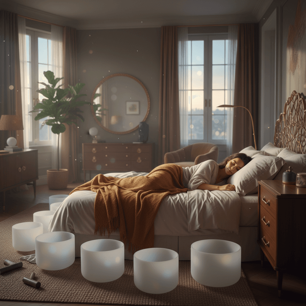 A tranquil sound wellness studio bathed in soft light, featuring singing bowls and meditative imagery. Soul Art Dubai, founded by Larissa Steinbach, specializes in calming sound journeys for relaxation and sleep.