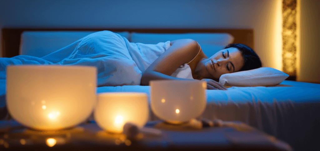 A person in deep relaxation, enveloped by a gentle blue light, representing restful sleep facilitated by sound wellness at Soul Art by Larissa Steinbach.