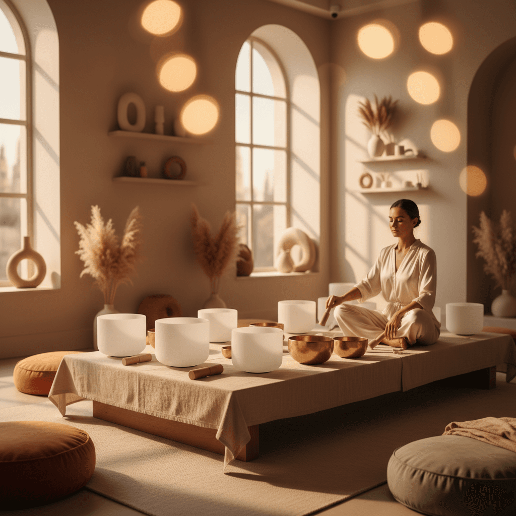 Larissa Steinbach, founder of Soul Art, guides a software developer through a sound wellness session, enhancing focus and creativity in a serene, luxurious setting.